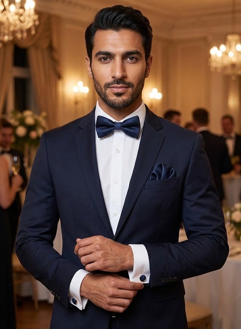 FIORICASA Men’s 3-Piece Navy Blue Bow Tie Set – Diamond Texture Bow Tie, Pocket Square & Cufflinks - Image 4
